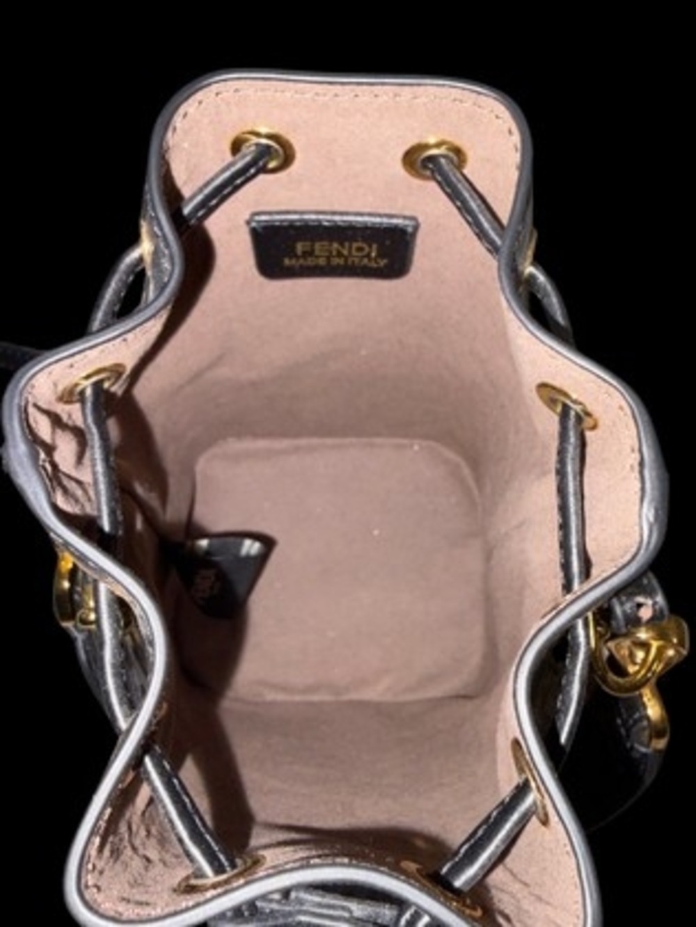 Black Leather Mini Drawstring Bucket Bag with Gold Hardware - Picture 4 of 4